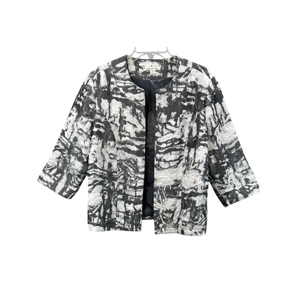 Coldwater Creek Jacket Blazer Womens L Black White Abstract Crinkle Open Front